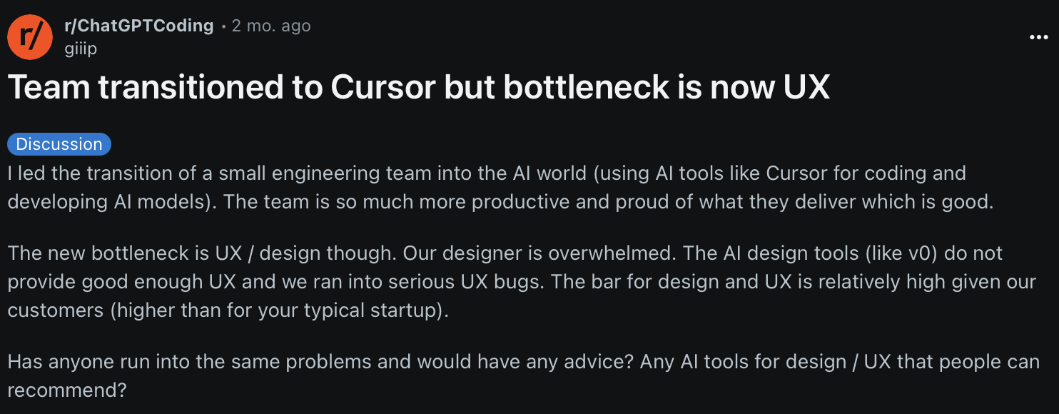 Reddit post - Team transitioned to Cursor but bottleneck is now UX